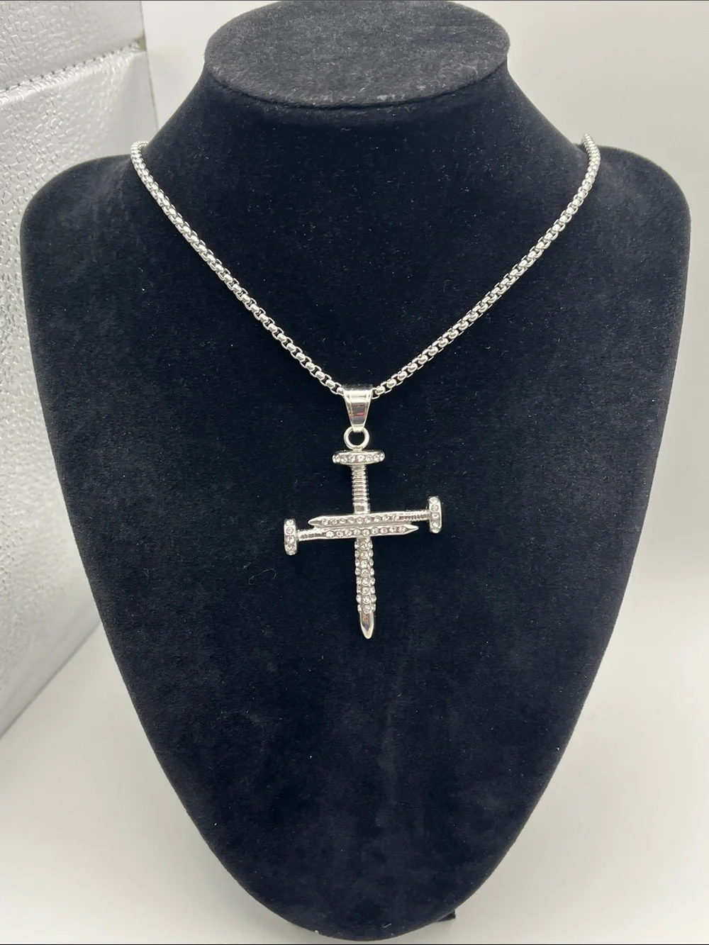 24”, Stainless Steel Crystal Nail Cross Pendant Necklace - Unbranded